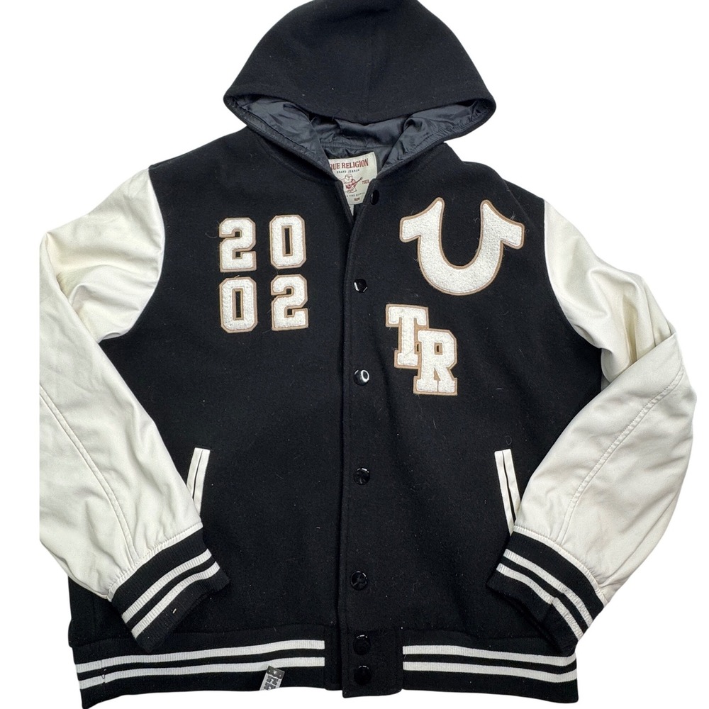 True Religion Hooded Varsity Jacket Black White Chenille Patch XL 51086-00